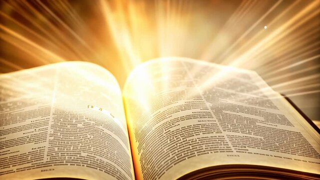 An open bible enveloped in light concept. Open book with glowing light rays shining from pages symbolizing knowledge inspiration and wisdom