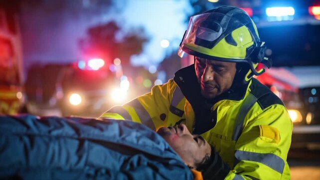A medical professional tends to a patient at night, ambulance lights in the blurred background