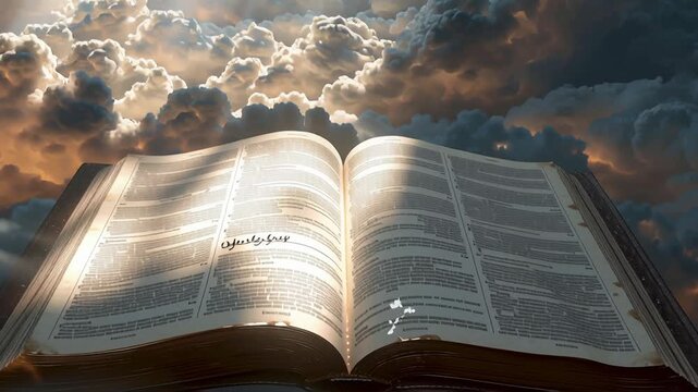 An open bible enveloped in light concept. Open book with glowing pages and sunlight rays shining through dramatic clouds in a mystical atmosphere