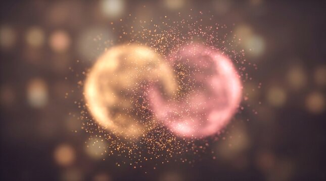 Abstract merging glowing spheres with golden particles and ethereal bokeh