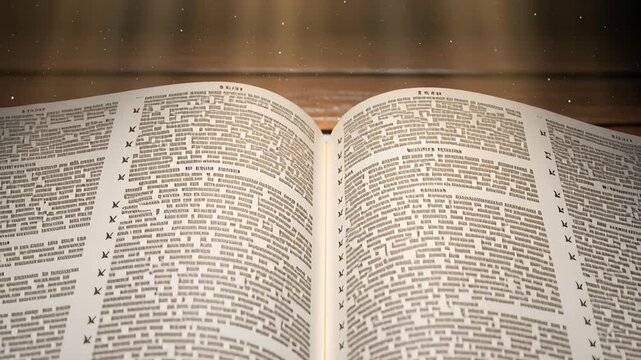 An open bible enveloped in light concept. Open book with illuminated pages and focused text on wooden table with warm light
