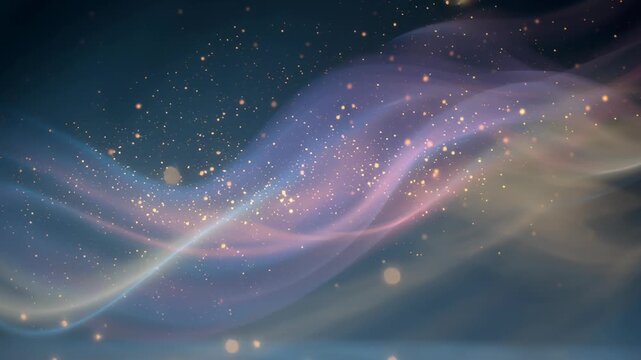 An open bible enveloped in light concept. Abstract glowing particles with flowing light waves on dark background for digital design and technology