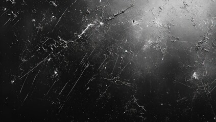 Fototapeta premium Grungy dark surface with numerous scratches, cracks, and textured dust, worn aesthetic