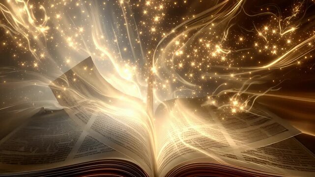 An open bible enveloped in light concept. Magic glowing book with sparkling golden light and mystical energy flowing from open pages