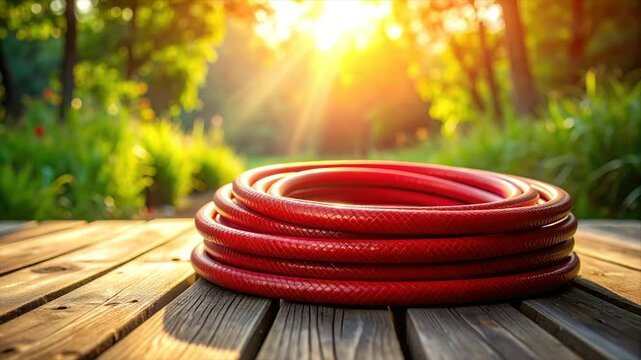 A coiled red garden hose sits on weathered wood, bright sunlight filters through foliage