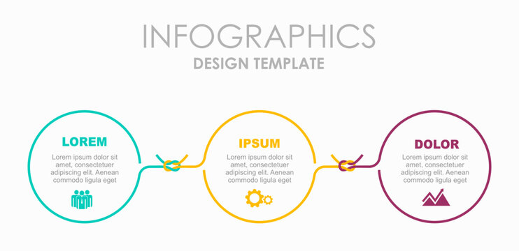 Linear 3-step infographic with interconnected circular nodes linked by knotted ropes. Vector illustration.