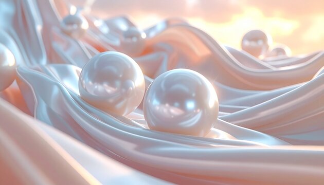 Luxury Pearl Spheres on Flowing Silk Waves at Golden Sunset