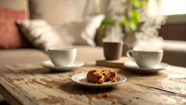 Coffee being poured into cups, a cookie on a plate, set on a rustic wooden table