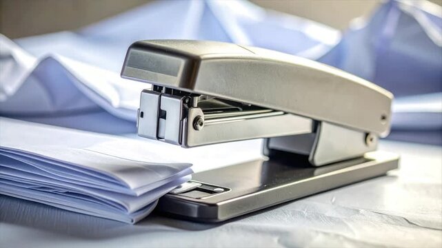 Shiny stapler rests on paper sheets. Soft focus, natural light, office supplies, clean, organized