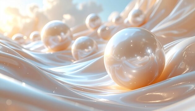 Luxury Pearl Spheres on Flowing Silk Waves at Golden Sunset