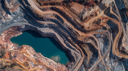 Aerial view of a vast open pit mine with dramatic terraced layers and heavy industrial landscape under natural daylight.