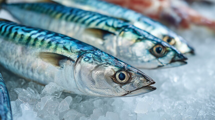 Fresh mackerel fish on crushed ice with shimmering silver blue skin, displayed at seafood market. Clean, raw, and ready for cooking or culinary use.