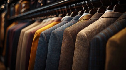 Obraz premium row of textured men's blazers and jackets on hangers in a warm boutique rack, elegant and inviting display