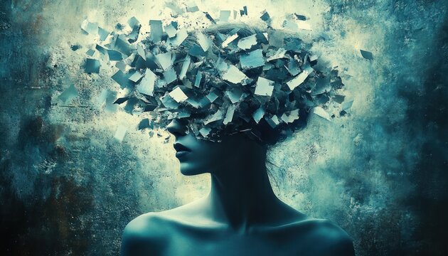 profile portrait of a bare-shouldered figure whose head dissolves into shards and scattered paper pieces against a teal textured wall, evoking quiet fragmentation and melancholic introspection