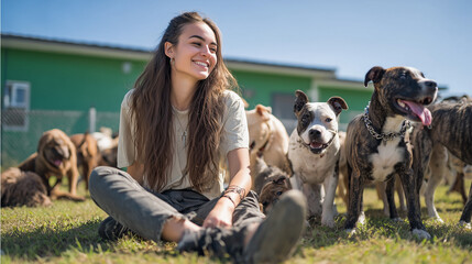 Happy woman sitting on grass at a dog shelter, playing and bonding with rescued dogs in a warm, caring atmosphere full of love and compassion.