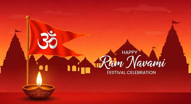 Happy Ram Navami festival beautiful religious background with flag. 