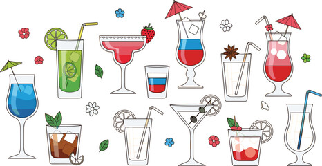 Professional vector illustration set of colorful tropical cocktails and shots featuring floral accents, umbrellas, and diverse garnishes