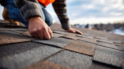 Close-up View of a Roofer Examining Asphalt Shingles With a Tool in Hand on a Cloudy Day