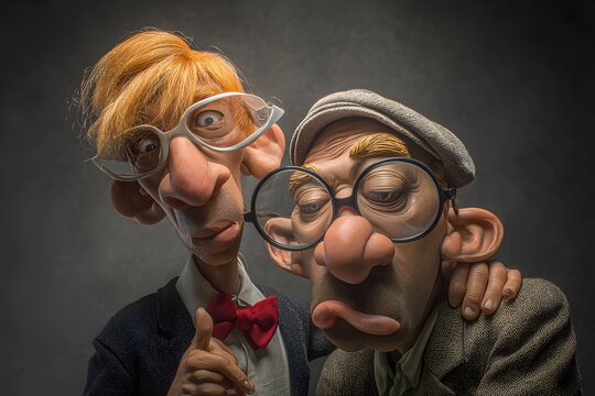 Exaggerated caricatures evoke humor, irony, and provocative social commentary.