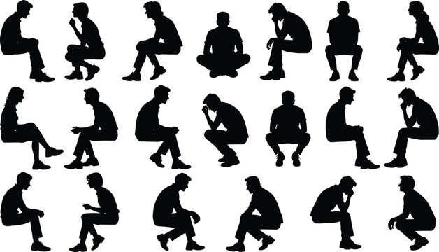 Collection, of, black, silhouettes, featuring, diverse, people, sitting, in, various, poses, for, casual, waiting, talking, relaxing, and, side, view, concepts.