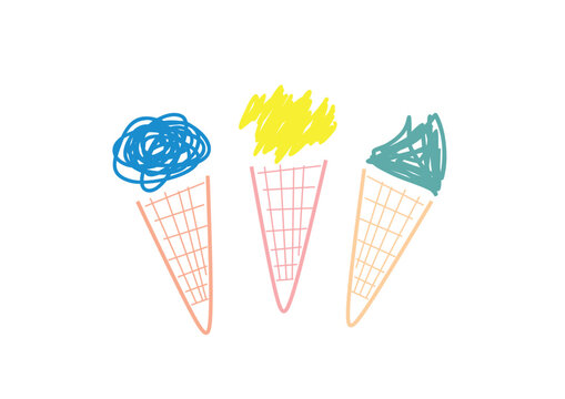 Playful hand-drawn doodle of three ice cream cones featuring scribbled scoops in blue, yellow, and teal on pastel waffle cones. Minimalist summer treat sketch on white background.