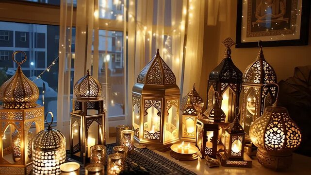 Warm glowing Moroccan lanterns and candles by a cozy window.