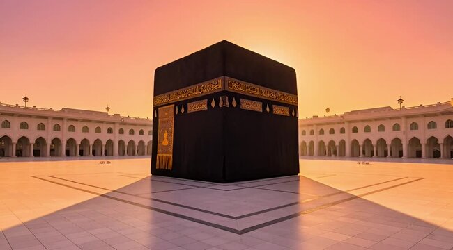 Holy Kaaba in Mecca Bathed in Golden Sunset Light at Masjid al-Haram Courtyard