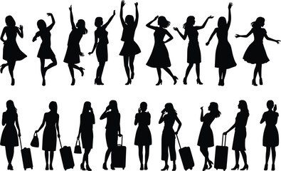Obraz premium Women silhouettes, dancing women, female poses, travel lifestyle, fashion figures, modern girls, celebration, freedom, illustration