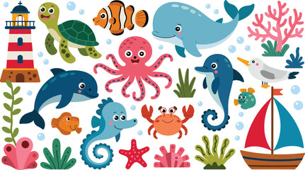 Cute cartoon sea creatures vector pack underwater animals flat illustration adorable ocean set white background © MdIbrahimIslam
