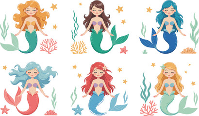 Fototapeta premium Cute cartoon mermaid vector set with magical underwater fantasy characters isolated illustration collection