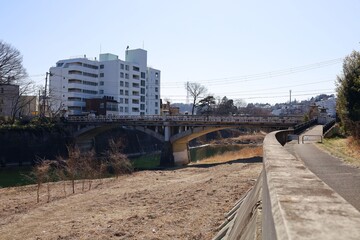 Fototapeta premium February 21, 2026. Aoba Ward, Sendai City, Japan.The scenery around Omiyabashi Bridge.
