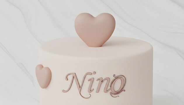 Single-tier cake featuring a smooth, matte beige finish. The design is accented with soft taupe-colored hearts&mdash;one as a topper and one on the side&mdash;and an elegant, metallic-styled script reading "Nino"