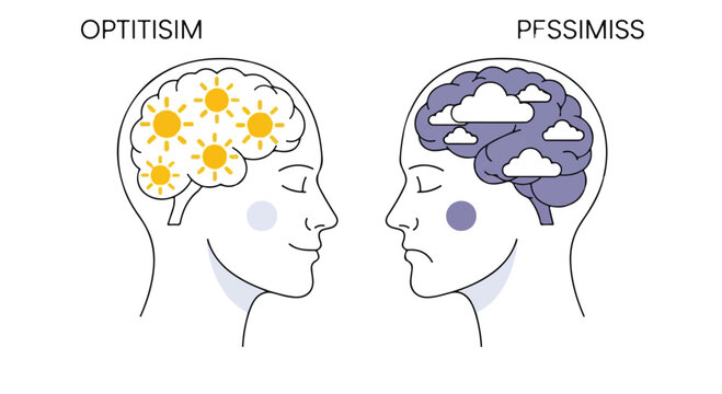 Human Heads Illustrating 'OPTITISM' and 'PFSSIMISS' Mindsets with Sun and Cloud Brains isolated PNG with Transparent Background
