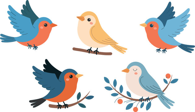 Cute cartoon bird vector set with colorful flying and perched birds isolated illustration collection