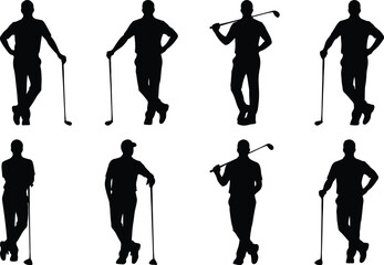 Naklejka premium Silhouettes of golfers demonstrating various swing and stance techniques on a course