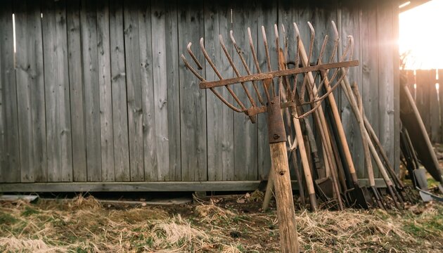 Rustic rake leaning against weathered wooden shed