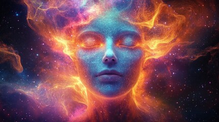 vibrant cosmic nebula with swirling fiery orange and purple gas filaments, glowing blue accents and scattered stars evoking awe and wonder