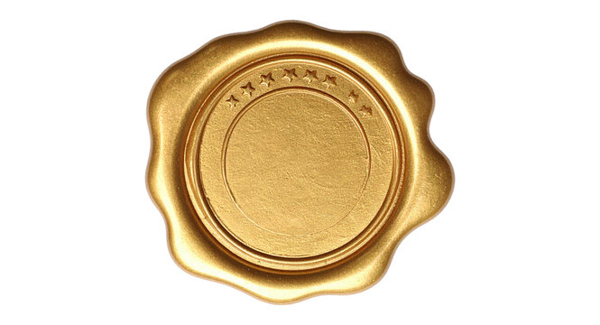 Golden wax seal isolated on transparent background, blank round stamp for certificate or letter, vintage style design element PNG	