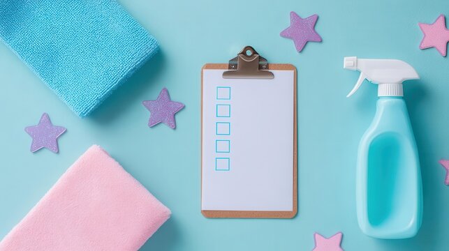 Clean Checklist with Spray Bottle, Towels, and Stars