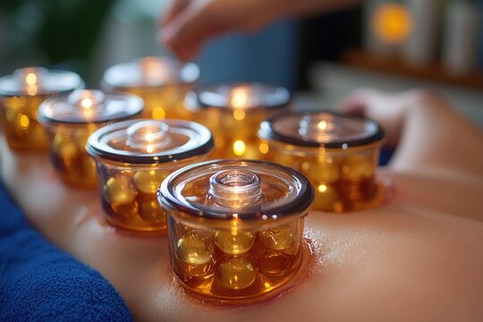 amber suction cups on oiled bare back during relaxing cupping therapy with a hand adjusting a cup and soft candlelit spa ambiance