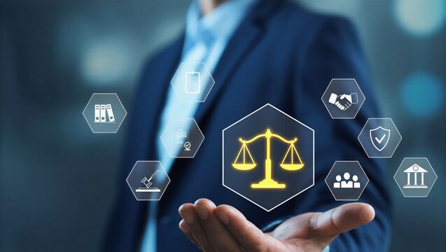 Businessman presenting digital law and justice icons with legal scale, document, and court symbols. Concept of legal technology, compliance, corporate law, regulation and governance system.