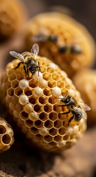 Close-up of Bees on Honeycomb, Showing Eggs and Larvae.