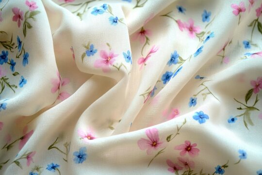 Cream fabric draped with delicate pink and blue floral print and soft folds, evoking a serene romantic mood