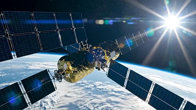 Satellite Solar Panel Wings Unfolding Gracefully in Low Earth Orbit Above the Blue Earth with Blinding Sunlight, Reflective Gold Thermal Foil