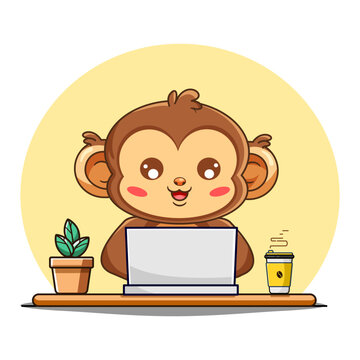 Cute Cartoon Monkey Working on Laptop at Desk Vector Illustration Kawaii