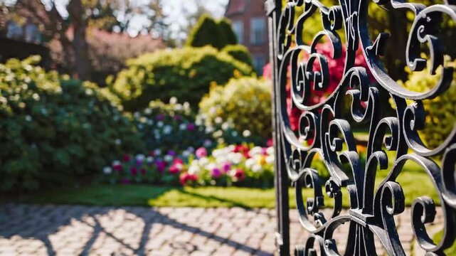 An ornate wrought-iron gate opens onto a sunlit garden, cobblestones leading past blooming flower beds and trimmed shrubs, with soft bokeh and warm afternoon light across the path.