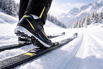 Naklejka premium Skier's boots glide across snowy track amidst a winter landscape.