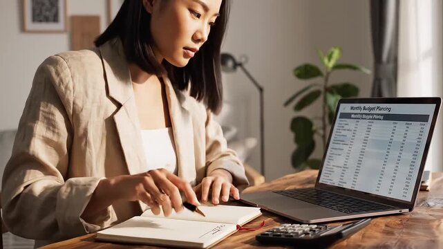 A young professional reviewing a monthly budget at home. Natural morning light, handwritten notes, and digital expense tracking reflect modern personal finance management. Ideal for topics such as bud