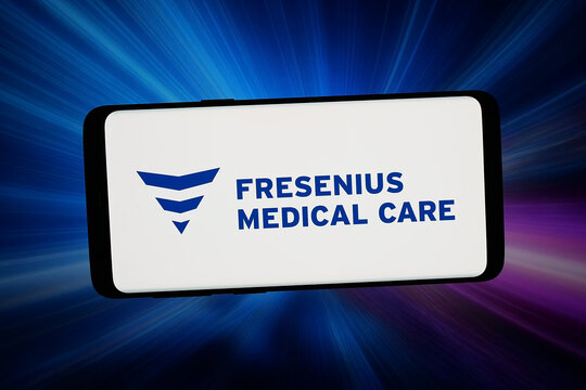 Stuttgart, Germany - 02-16-2026: In this photo illustration, the logo of dialysis company Fresenius Medical Care is displayed on a smartphone in front of abstract background on computer screen.