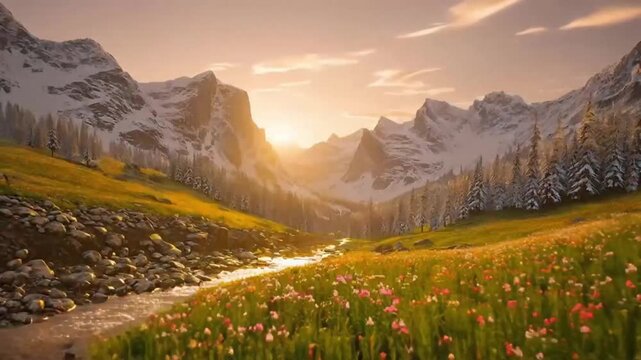 Sunrise bathes a mountain valley in warm light as a clear stream winds through meadows of wildflowers, framed by snow-capped peaks and spruce forests under soft clouds and glowing sky.